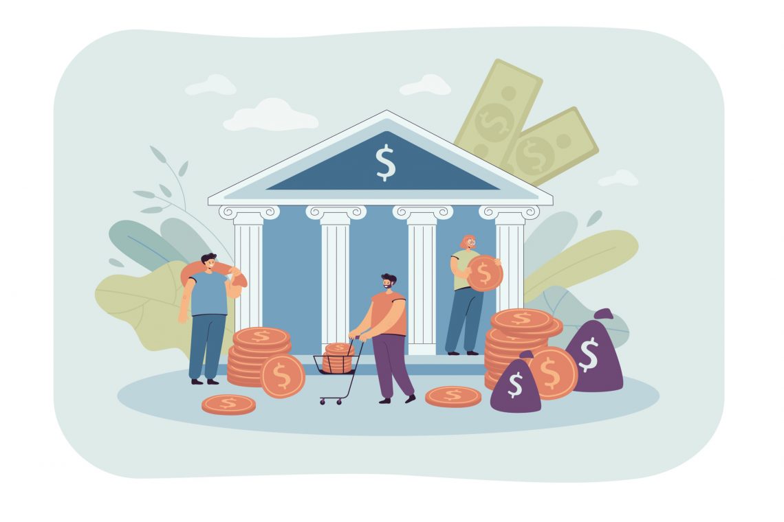 Tiny people depositing or taking money from government bank. Flat vector illustration. People taking or paying off loan standing with coins near courthouse. Payment, credit, finance, business concept